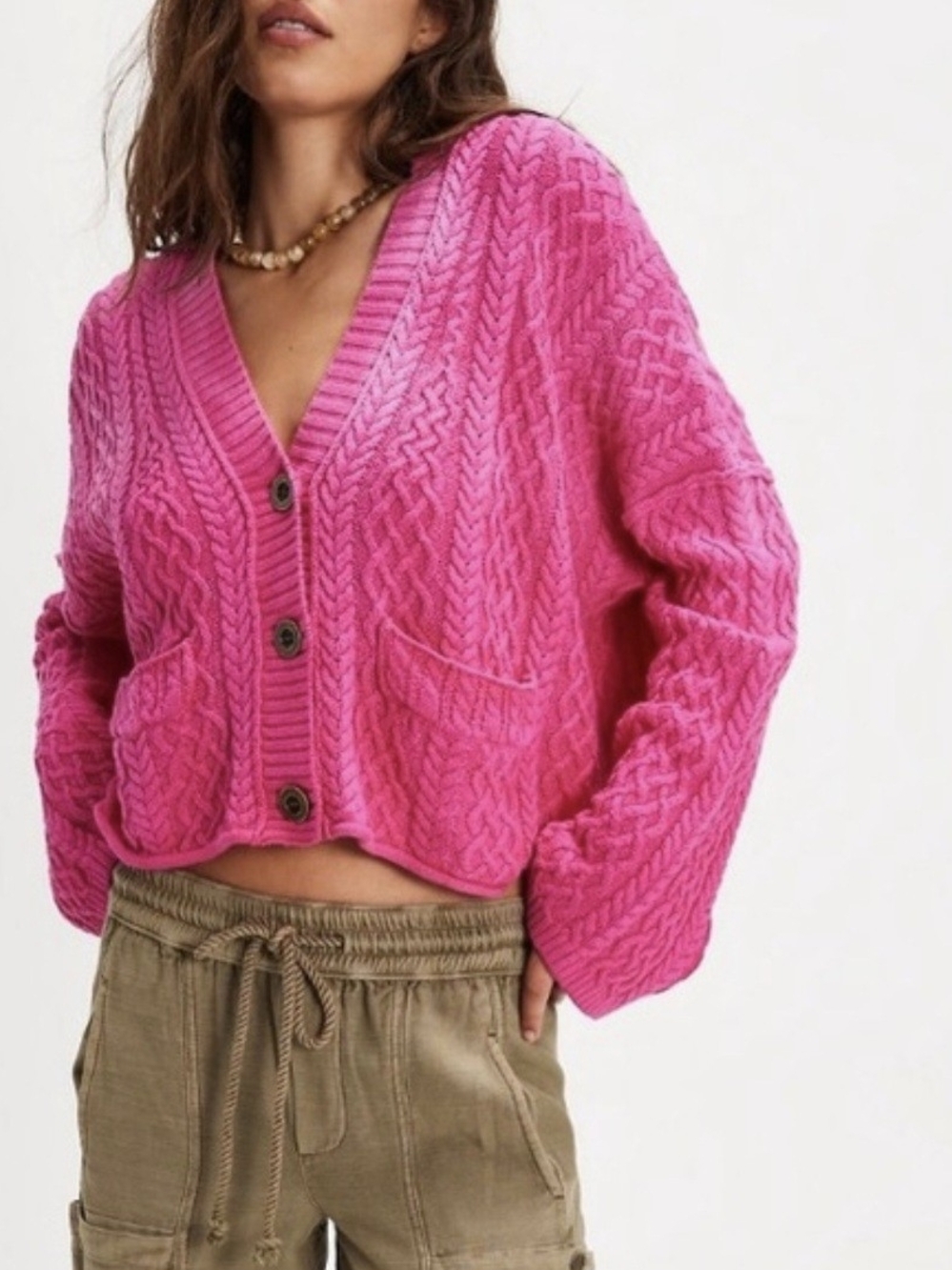 NWT Free People Washed Ashore Cardi, Hot Pink Combo, XS